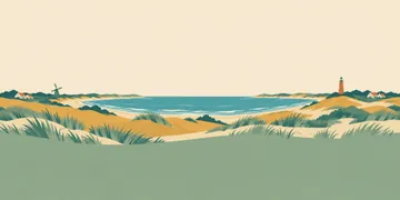 Breites illustriertes Dünenpanorama mit Meer und Leuchtturm