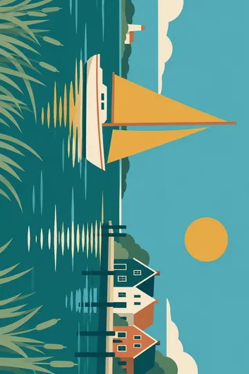 Harbor with a sailboat, intentionally turned sideways