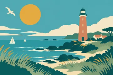 Coastal landscape with a lighthouse and seabird