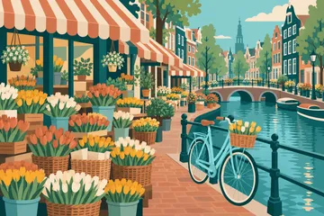Detailed flower market beside a canal