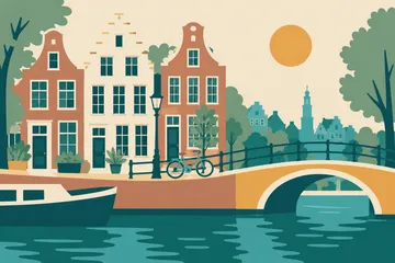 Grachtenhäuser, Brücke und Fahrrad als Flat-Illustration