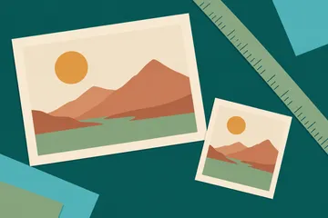 Two landscape prints and a ruler