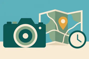 Kamera mit Karte und Uhr als Flat-Illustration